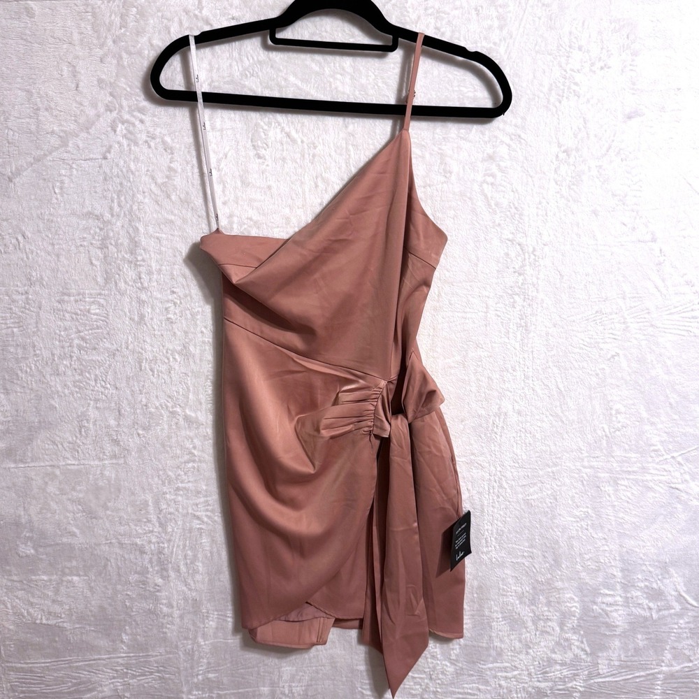 Lulus XS Mauve Pink One Shoulder‎ Side Tie Bodycon Mini Dress Satin Stretch
